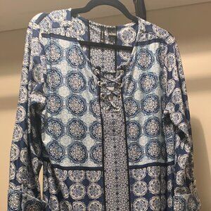 New Directions Womens Blue Split Neck Long Sleeve Roll-up Shift Dress